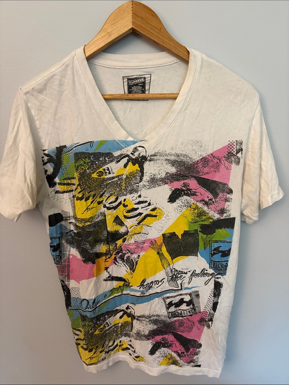 Vintage Billabong White V-Neck Graphic Tee with Yellow Pink Blue Accents